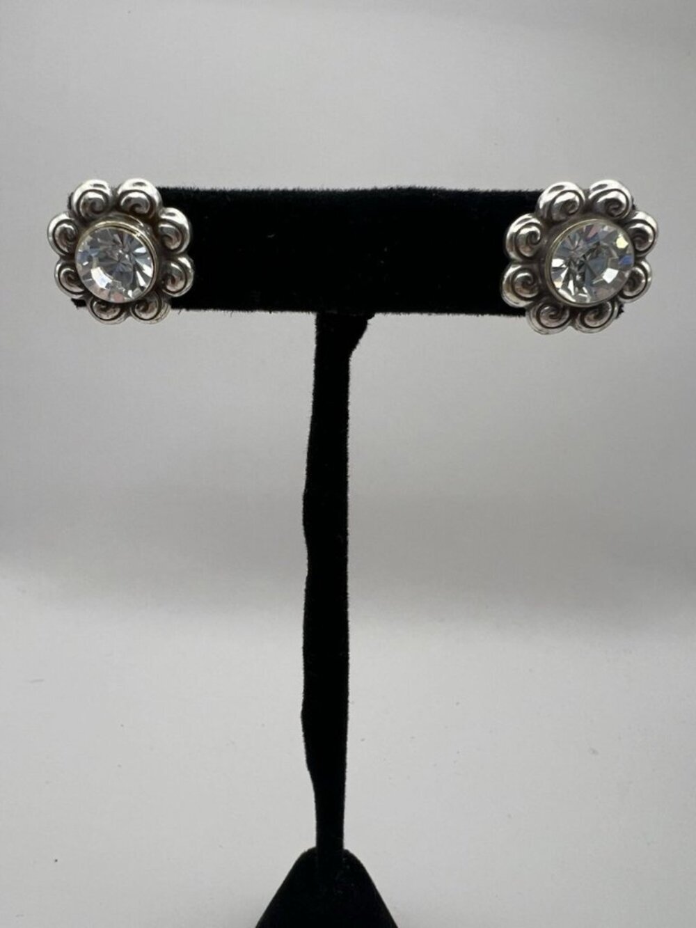 Brighton Crystal Stud Earrings Silver Tone Scroll Design Vintage 5/8 Inch 2000's